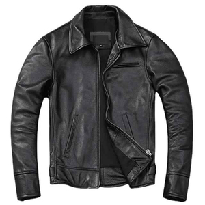 <b>Men's</b> <b>Brown</b> Genuine <b>Leather</b> <b>Jacket</b> Solid Front Turn-down Collar Windproof Zipper Closure Regular Fit Moto & Biker Autumn Wear - Product Image 6