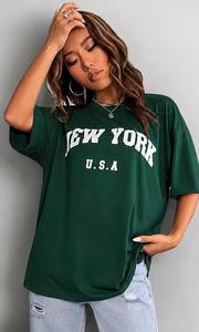 Camiseta Casual de Mujer, Cuello Redondo, Manga Corta, Corte Holgado, Color Verde, Tejido de Punto, Color Sólido, para Todas las Temporadas, Largo Regular - Product Image 2