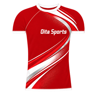 Maillot de compression athlétique personnalisé rouge et blanc à manches courtes, col ras du cou, motif vague, pour entraînement de performance et sports nautiques - Product Image 1