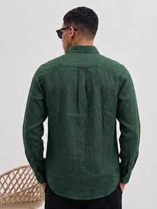 Chemise décontractée en coton vert pour homme, manches longues, col rabattu, couleur unie, respirante, idéale pour l'été - Product Image 2