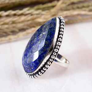 Anillo de Plata SHYAM JEWELRS con Lapislázuli en Forma de Lágrima, Corte Rosa, Piedra Azul, Diseño Vintage Tribal con Borde de Cuentas, Estilo Boho Hippie - Product Image 3