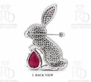Elegante Broche de Plata de Ley 925 con Corte de Pera Rosa Conejo, Piedra Blanca y Ojo Verde, Pin de Solapa para Blazer, Joyería de Destaque - Product Image 2