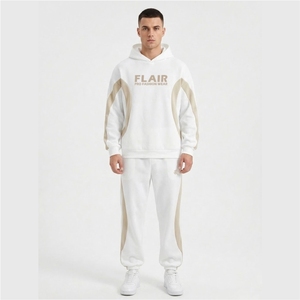 Ensemble de survêtement en molleton blanc pour homme avec logo personnalisé, sweat à capuche et pantalon de jogging, panneaux contrastants, style streetwear, ensemble deux pièces - Product Image 6