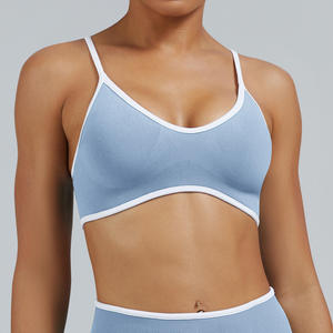 Soutien-gorge de sport côtelé pour femme, col rond, bordure contrastée, extensible, sans couture, pour yoga, fitness, entraînement, crop top - Product Image 6