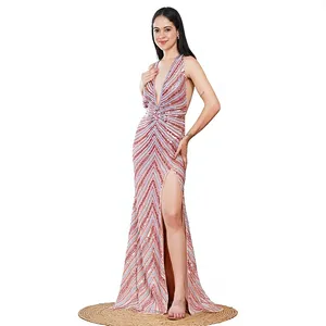 Wholesale Sexy Plunging Neckline Sparkly Sequin Maxi Dress High <b>Thigh</b> Split Mermaid Long Floor-Length Gala Dinner Gown - Product Image 3