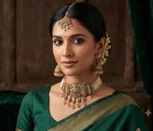 Ethnic Gold Plated Alloy <b>Crystal</b> Rhinestone Tempal Laxmi Necklace Jewellery <b>Set</b> High Quality Flower Design IGI Certified Women's - Product Image 1