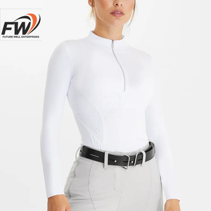 Camisa de equitación de alta calidad para mujer, para jinetes, elegante, para deportes al aire libre, con encaje de malla, mangas cortas, hecha de spandex. - Product Image 1