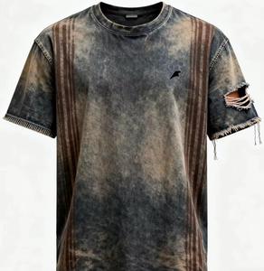 เสื้อยืดโอเวอร์ไซส์ผ้าฝ้ายเนื้อหนาฟอกสีซีดสไตล์วินเทจ ขอบเสื้อฉีกขาด สตรีทแวร์กรันจ์  โลโก้สั่งทำได้ ยูนิเซ็กส์ ลำลอง พรีเมียม - Product Image 4