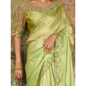 Impressionnant vert brodé Satin Festival Wear Saree avec chemisier pour les décorations de fête - Product Image 3