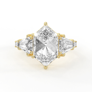 Bague à cinq pierres en or jaune à coupe hexagonale géométrique, avec accent de balle conique à niveaux, bijou de déclaration raffiné - Product Image 1