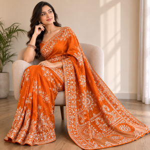 Sari en soie Bandhani orange avec bordure ornée de miroirs, élégant vêtement indien pour mariage, sari de créateur pour femmes, vente en gros - Product Image 3