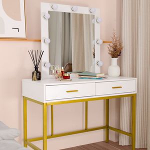 LED Dimmable Bulbs Dressing <b>Table</b> with Two Drawers and Cushioned Stool <b>Makeup</b> Vanities for Bedroom Furniture - Product Image 3