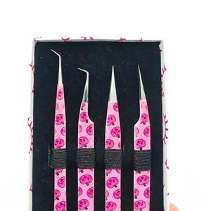 <b>Pink</b> Skull Pattern Eyelash Tweezers <b>Set</b> Stainless Steel Precision <b>Tools</b> in Box Packaging - Product Image 2