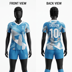 Uniforme de Rugby para Mujer, 180 GSM, Poliéster Interlock Premium, Paneles Geométricos Azules y Blancos, Logotipo Personalizado por Sublimación y Serigrafía - Product Image 1