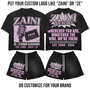 280 GSM Premium Polyester Terry Solid Summer Casual Woven T Shirt and Short <b>Set</b> Black Purple Custom Embossed OEM - Product Image 1