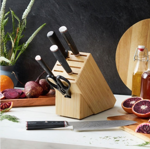 Black Handles Kitchen <b>Knives</b> in Light Brown Wooden Block with Silver Blades Scissors and Honing Rod for <b>Slicing</b> and Food Prep - Product Image 6