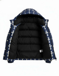 Nouvelle conception – Doudoune matelassée imperméable à capuche pour homme, motif croix bleue, manteau chaud d'hiver, style streetwear, personnalisable sur le devant - Product Image 3