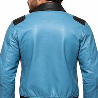 Blouson Bomber Moto en Cuir Bleu pour Homme, Coupe-Vent, Écologique, avec Logo Avant, Col Rabattable, Fermeture Éclair, Manteau Décontracté d'Hiver