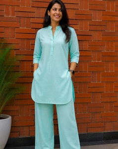 Ensemble coordonné ethnique en coton vert menthe pour femmes, tenue indienne pakistanaise, coupe classique pour le bureau et les occasions décontractées quotidiennes - Product Image 1