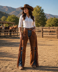 Fazmax Corporation - Pantalones de montar de cuero genuino para mujer, estilo western, de talle alto, ajuste relajado, con cierre de cremallera y bolsillo utilitario transpirable - Product Image 2