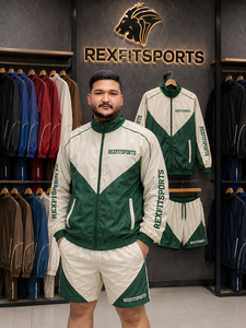 ชุดแจ็คเก็ตและกางเกงขาสั้นผู้ชายแบบมีฮู้ด รุ่น REXFIT SPORTS 2026 ผลิตจากไนลอน สีครีมเขียว ชุดกีฬาแทรคสูท แบรนด์ส่วนตัว - Product Image 6