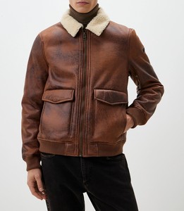 <b>Men's</b> Genuine <b>Leather</b> Bomber <b>Jacket</b> With Faux Fur Lining Windproof Winter Casual Thick Zipper Closure Regular Fit - Product Image 2