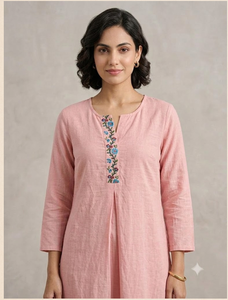 Kurti long en coton et lin orange pour femme, col rond, manches trois quarts, coupe droite, encolure brodée, tenue ethnique décontractée - Product Image 2