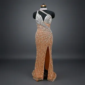Vestido de noche de cristal dorado con un solo hombro, estilo sirena, con abertura alta, para fiesta formal o boda - Product Image 1
