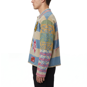 Chemise Homme Rétro Personnalisée à Manches Longues, 100% Coton Peigné Filé à Anneaux 300 GSM, Rayée, Boutonnée, Anti-rétrécissement, Broderie Frontale - Product Image 3
