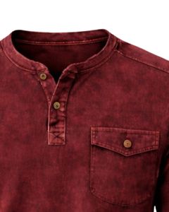 Sweat-shirt Henley à manches longues pour homme, délavé à l'acide, rouge bordeaux, col boutonné, style décontracté avec poche, vêtement d'hiver en coton, coupe ajustée - Product Image 5