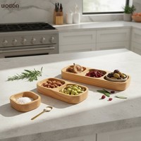 Plateau de service en bois à 3 compartiments pour noix, fruits secs, bonbons – Organisateur multifonctionnel pour collations – Finition brute