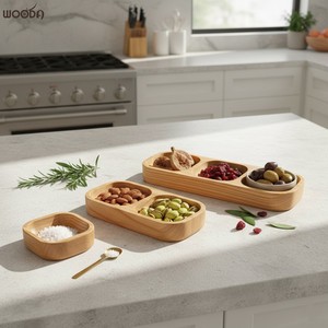Bandeja de Servir de Madera con 3 Compartimentos para Nueces, Frutos Secos, Dulces, Organizador Multifuncional para Aperitivos, Acabado sin Tratar - Product Image 4