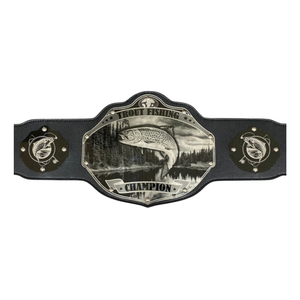Cinturón de Campeón de Pesca de Truchas Personalizable, Cinturón Deportivo de Alta Calidad Negro y Plateado, Cinturón de Título Personalizado, Edición de Coleccionista - Product Image 1