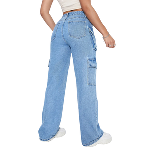 Pantalones Cargo Vaqueros Anchos Azules Medios para Mujer, Transpirables, de Tiro Medio, Ajuste Regular, Denim Lavado, Estilo Casual Urbano de Otoño - Product Image 2