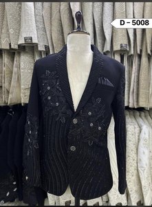 Blazer de Hombre con Bordado Floral, Chaqueta de Traje Negra de Poliéster con Detalles de Cuentas y Dos Botones - Product Image 2