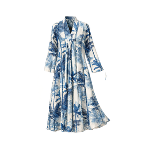 ชุดเดรสลายต้นปาล์มสไตล์ศิลปิน ผ้าฝ้าย 100% ชุดเดรสยาวแบบแม็กซี่ แขนยาว งานแฮนด์เมดชิ้นเอก ผู้ผลิตขายส่ง - Product Image 1