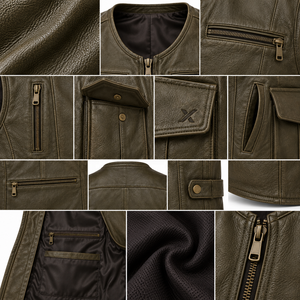 Chalecos de Cuero para Hombre con Múltiples Bolsillos y Estilo Utilitario |   Gris Oliva, Borgoña, Marrón Coñac |   Fabricante OEM ODM |   Diseño de Calidad Premium - Product Image 4