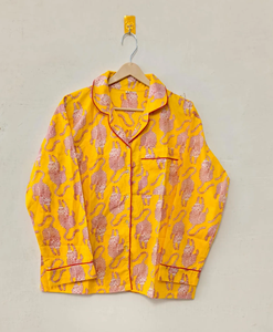 Conjunto de Pijama de Dos Piezas de Manga Larga para Mujer, Elegante, de Algodón Puro con Estampado Sanganeri en Amarillo Vibrante, de Secado Rápido y Transpirable - Product Image 4