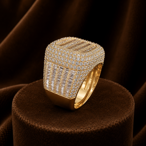 Baguette Cut Moissanite <b>Iced</b> Out <b>Ring</b> Round Shape Vermeil Yellow Gold Square Cluster Wedding Band for Men's - Product Image 4