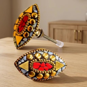 Oval Brass Cabinet Knobs Mosaic <b>Red</b> Stone Design Industrial Eco-Friendly Durable Furniture Handles for Home Office Drawers - Product Image 1