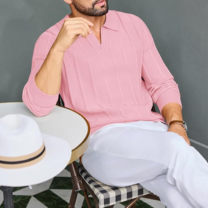 Suéter Polo de Punto para Hombre, Manga Larga, Color Rosa Sólido, Estilo Casual de Primavera, Cierre con Botones - Product Image 5