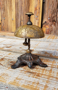 <b>Brass</b> Desk <b>Bell</b> with Sculpted Floral Motifs Antique Inspired Tabletop Chime Traditional Home Office Restaurant Cafe Decor - Product Image 2