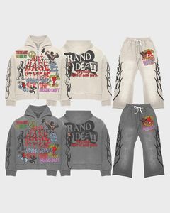 Ensemble de survêtement graphique gris crème de la marque Dept |   Sweat à capuche oversize et pantalon de jogging |   Ensemble assorti streetwear Flame Wrestler OEM - Product Image 1