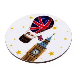 <b>Round</b> Plastic Coaster with Union Jack Hot Air <b>Balloon</b> and Big Ben Design Thematic Drink Mat for Home Cafe Party - Product Image 1