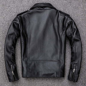 Veste moto en cuir véritable pour homme, col rabattu, fermeture éclair, ceinture, coupe ajustée, automne-hiver, noir uni - Product Image 3