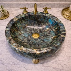 Lavabo de Lujo de Labradorita Ecológico Moderno, Lavabo Redondo de Piedra Preciosa para Encimera con Desagüe de Latón - Product Image 1
