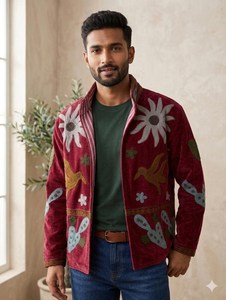Veste courte en velours luxueux et doux, style bohème, broderie Suzani, motif cactus et oiseaux, manteau d'hiver tendance - Product Image 6