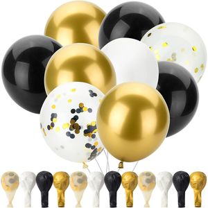 Palloncini per Feste da 12 Pollici, Confezione da 54, Neri, Bianchi e Dorati con Coriandoli per Celebrazioni di Compleanno - Product Image 1