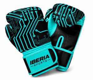Gants de boxe IBERIA Premium noirs avec accent cyan en cuir PU, gants d'entraînement, logo personnalisé, équipement sportif en gros OEM - Product Image 1
