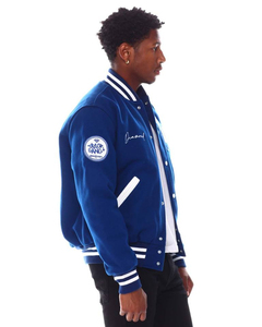 <b>Men's</b> Blue Varsity <b>Jacket</b> With <b>White</b> TC Embroidery Preppy Style Regular Fit Turn-down Collar Single Breasted Button Closure - Product Image 6
